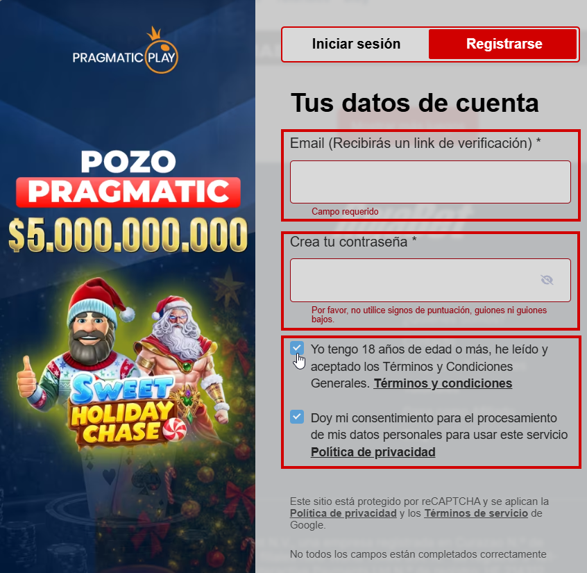 Formulario para registrarse en Rojabet